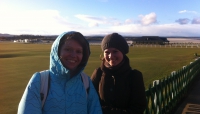 Katya and Anya putting on brave faces near The Old Course, St Andrews.